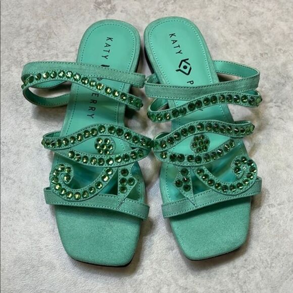 Katy Perry Anat Slide Mint Green Jeweled Eye Slip On Sandal Flats Sz 6.5 - Picture 1 of 8